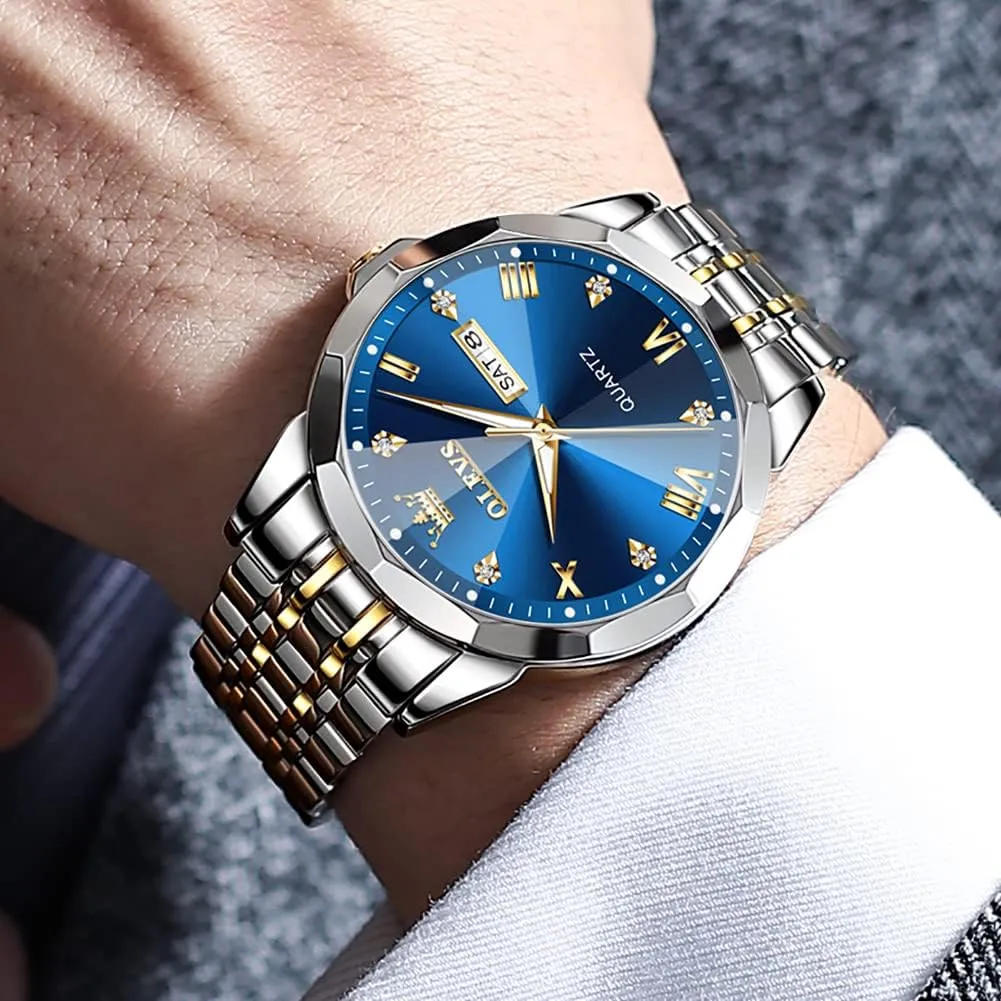 OLEVS Men Watch Business Dress Diamond Luxury Watch Luminous Easy to Read Date Waterproof Stainless Steel Quartz Analog Simple Dress Watch