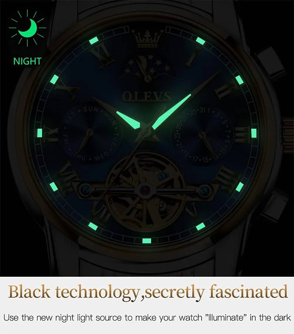 OLEVS Men's Automatic Mechanical Watches Luxury Dress Waterproof Self Winding Moon Phase Chronograph Stainless Steel Luminous Date Tourbillon Wristwatch for Men