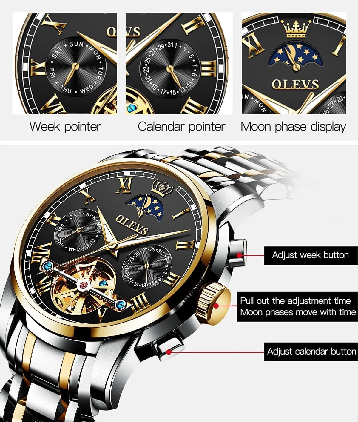 OLEVS Men's Automatic Mechanical Watches Luxury Dress Waterproof Self Winding Moon Phase Chronograph Stainless Steel Luminous Date Tourbillon Wristwatch for Men