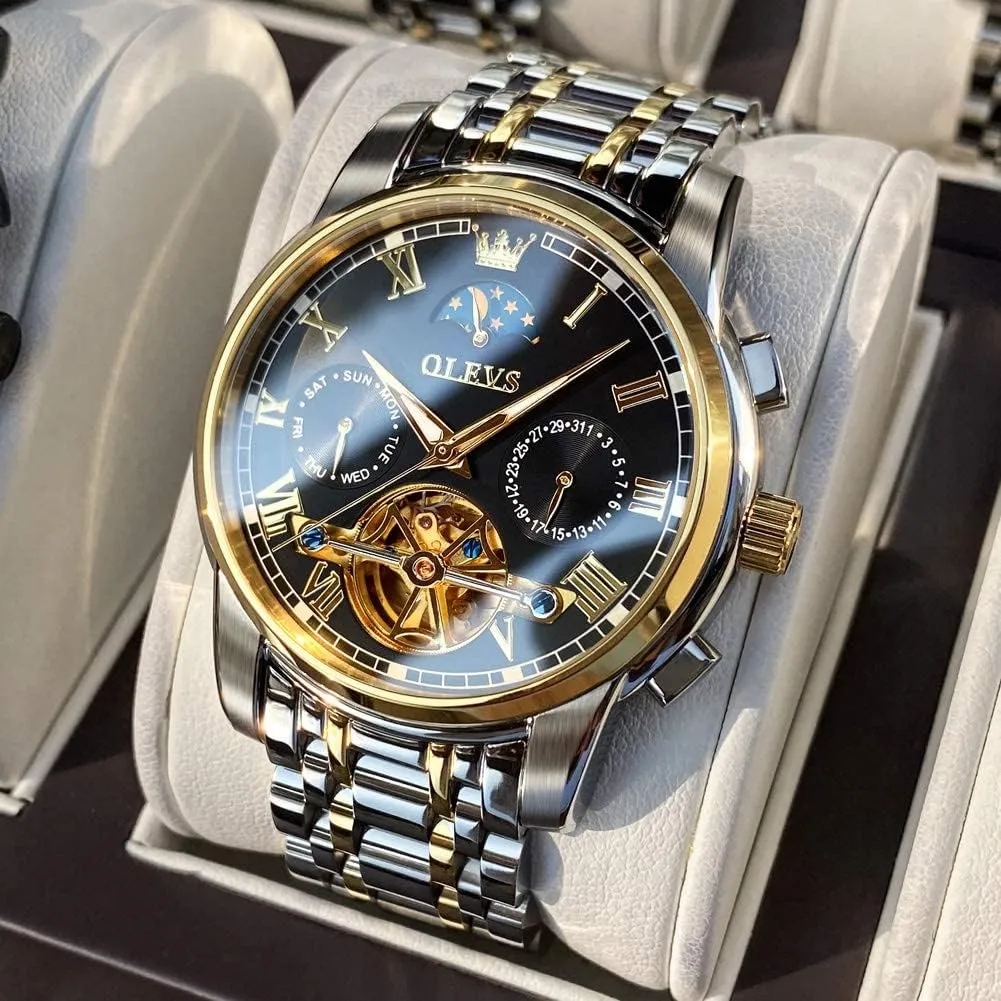 OLEVS Men's Automatic Mechanical Watches Luxury Dress Waterproof Self Winding Moon Phase Chronograph Stainless Steel Luminous Date Tourbillon Wristwatch for Men