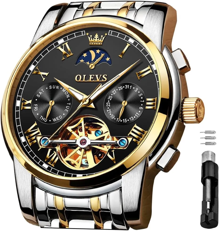 OLEVS Men's Automatic Mechanical Watches Luxury Dress Waterproof Self Winding Moon Phase Chronograph Stainless Steel Luminous Date Tourbillon Wristwatch for Men