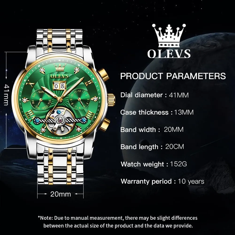 OLEVS Mens Automatic Watches Self Winding Mechanical Skeleton Tourbillon Luxury Diamond Business Dress Date Wrist Watches for Men Waterproof Luminous