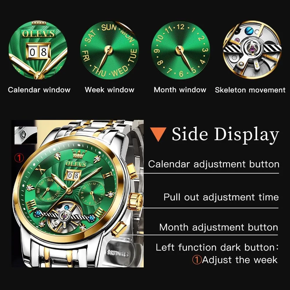 OLEVS Mens Automatic Watches Self Winding Mechanical Skeleton Tourbillon Luxury Diamond Business Dress Date Wrist Watches for Men Waterproof Luminous