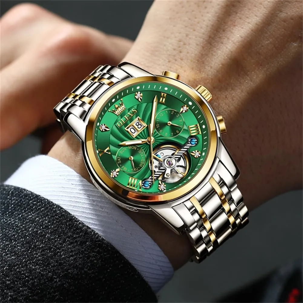 OLEVS Mens Automatic Watches Self Winding Mechanical Skeleton Tourbillon Luxury Diamond Business Dress Date Wrist Watches for Men Waterproof Luminous