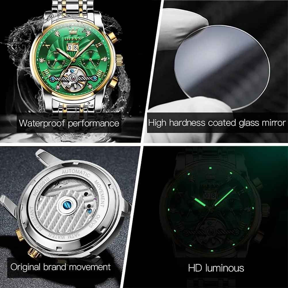 OLEVS Mens Automatic Watches Self Winding Mechanical Skeleton Tourbillon Luxury Diamond Business Dress Date Wrist Watches for Men Waterproof Luminous