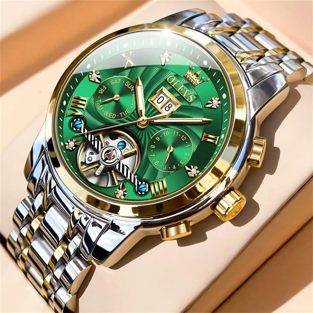 OLEVS Mens Automatic Watches Self Winding Mechanical Skeleton Tourbillon Luxury Diamond Business Dress Date Wrist Watches for Men Waterproof Luminous