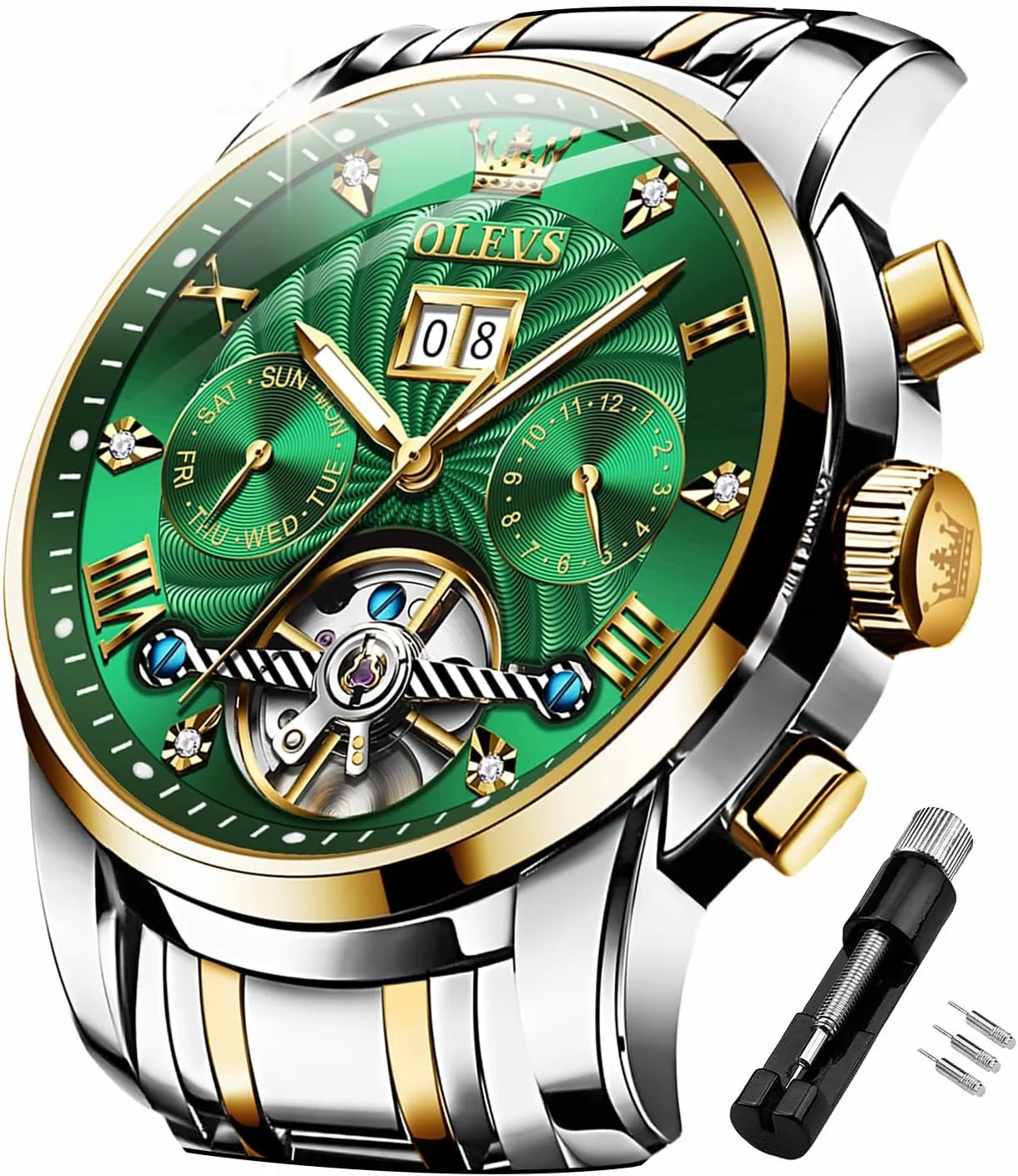 OLEVS Mens Automatic Watches Self Winding Mechanical Skeleton Tourbillon Luxury Diamond Business Dress Date Wrist Watches for Men Waterproof Luminous