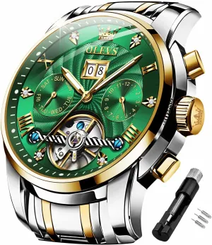 OLEVS Mens Automatic Watches Self Winding Mechanical Skeleton Tourbillon Luxury Diamond Business Dress Date Wrist Watches for Men Waterproof Luminous
