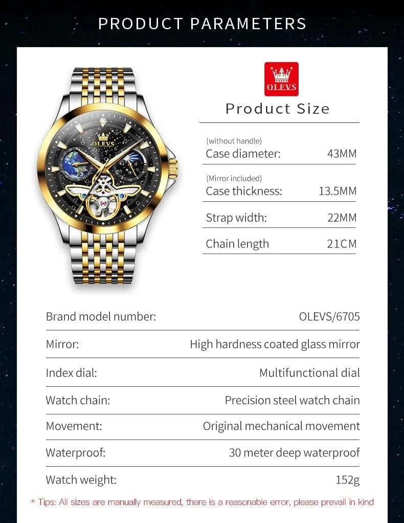 OLEVS Mens Automatic Watches Self Winding Skeleton Luxury Stylish Wrist Watch Waterproof Luminous