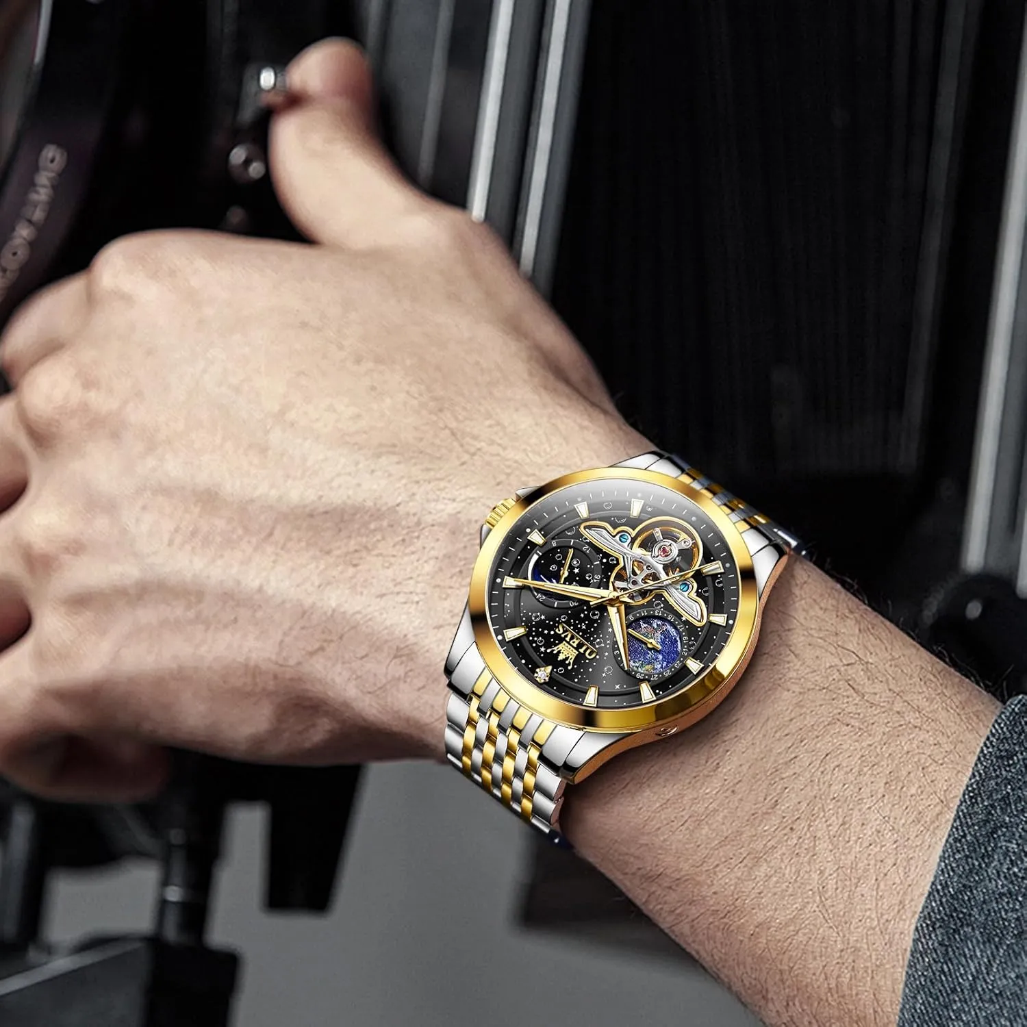 OLEVS Mens Automatic Watches Self Winding Skeleton Luxury Stylish Wrist Watch Waterproof Luminous