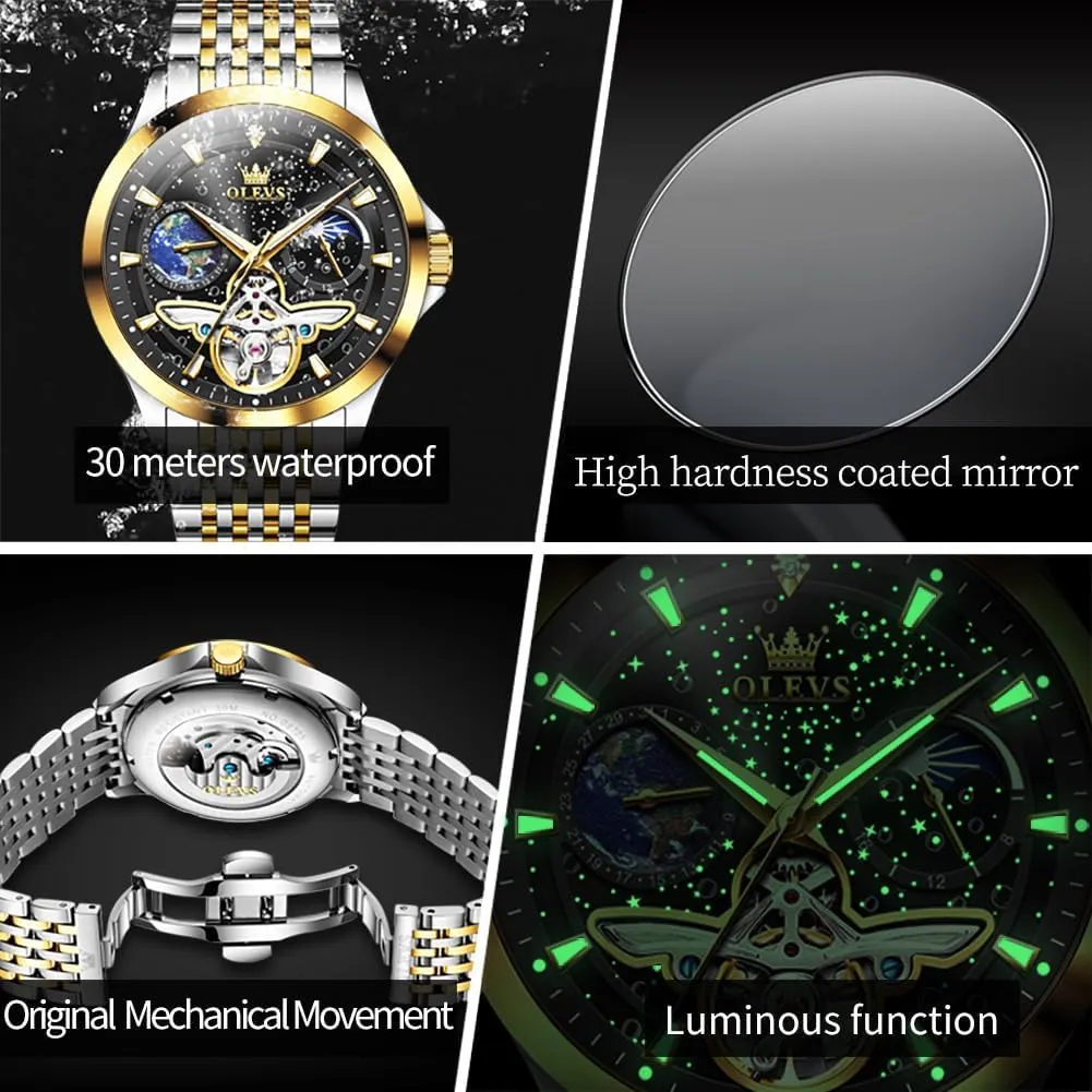 OLEVS Mens Automatic Watches Self Winding Skeleton Luxury Stylish Wrist Watch Waterproof Luminous