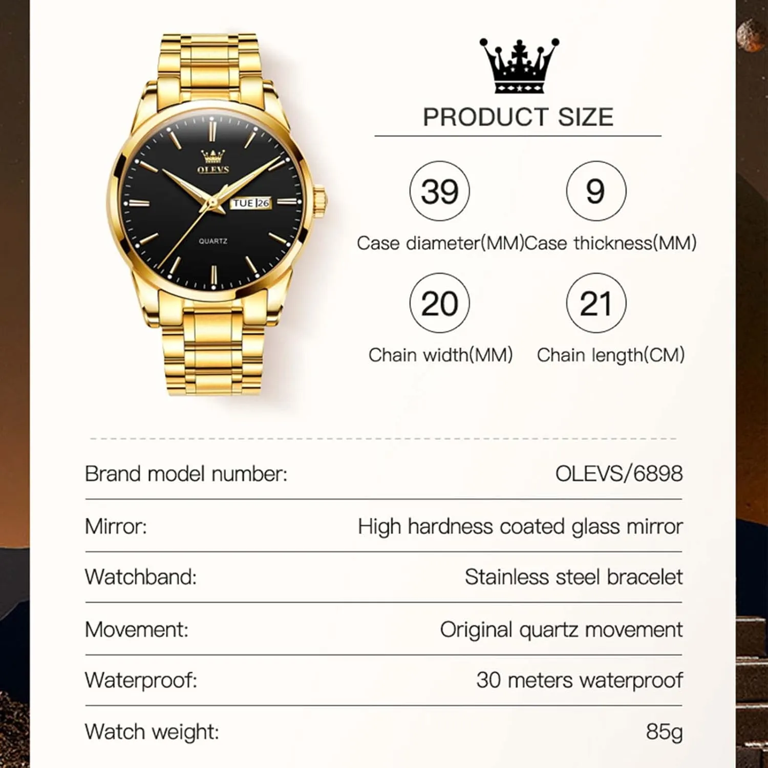 OLEVS Mens Gold Watches Waterproof Stainless Steel Lightweight Watch with Date Classic Luxury Dress Watch for Men Gold White Blue Green Dial