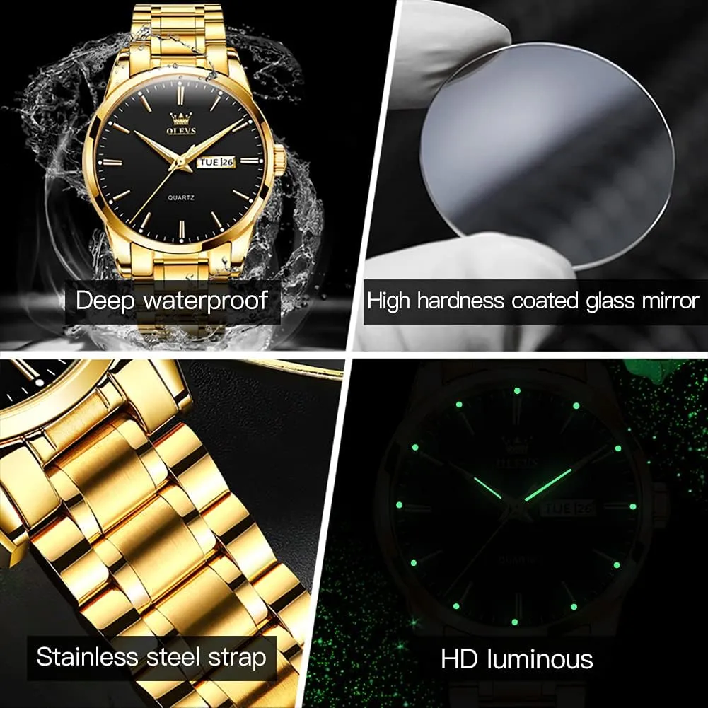 OLEVS Mens Gold Watches Waterproof Stainless Steel Lightweight Watch with Date Classic Luxury Dress Watch for Men Gold White Blue Green Dial
