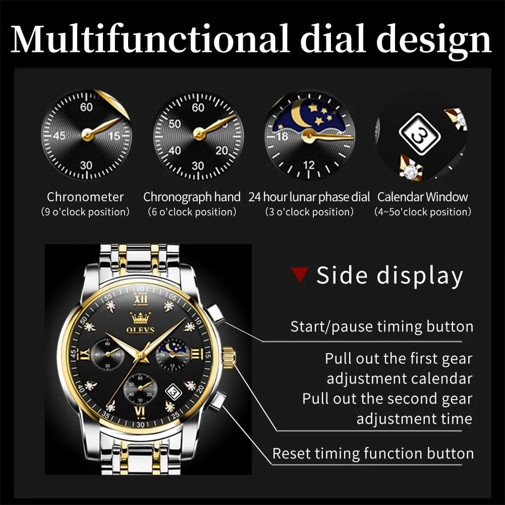 OLEVS Mens Watches Chronograph Business Dress Quartz Stainless Steel Waterproof Luminous Date Wrist Watch