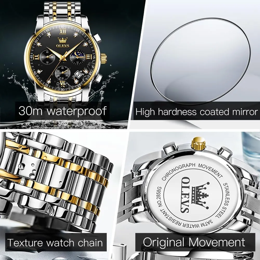OLEVS Mens Watches Chronograph Business Dress Quartz Stainless Steel Waterproof Luminous Date Wrist Watch
