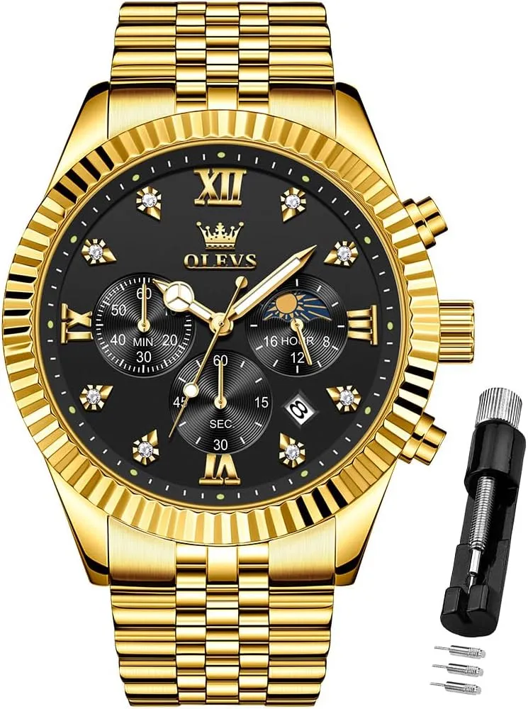OLEVS Mens Watches Chronograph Luxury Dress Moon Phase Quartz Stainless Steel Waterproof Luminous Business Calendar Wrist Watch