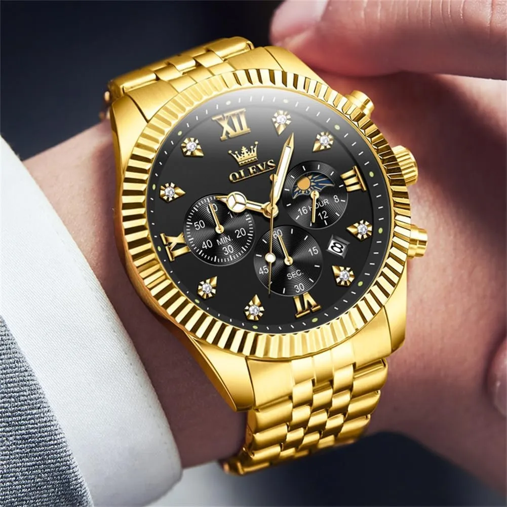 OLEVS Mens Watches Chronograph Luxury Dress Moon Phase Quartz Stainless Steel Waterproof Luminous Business Calendar Wrist Watch