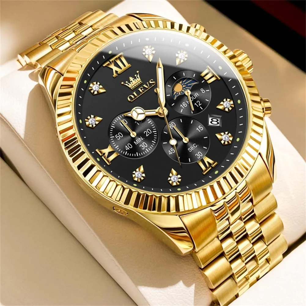 OLEVS Mens Watches Chronograph Luxury Dress Moon Phase Quartz Stainless Steel Waterproof Luminous Business Calendar Wrist Watch