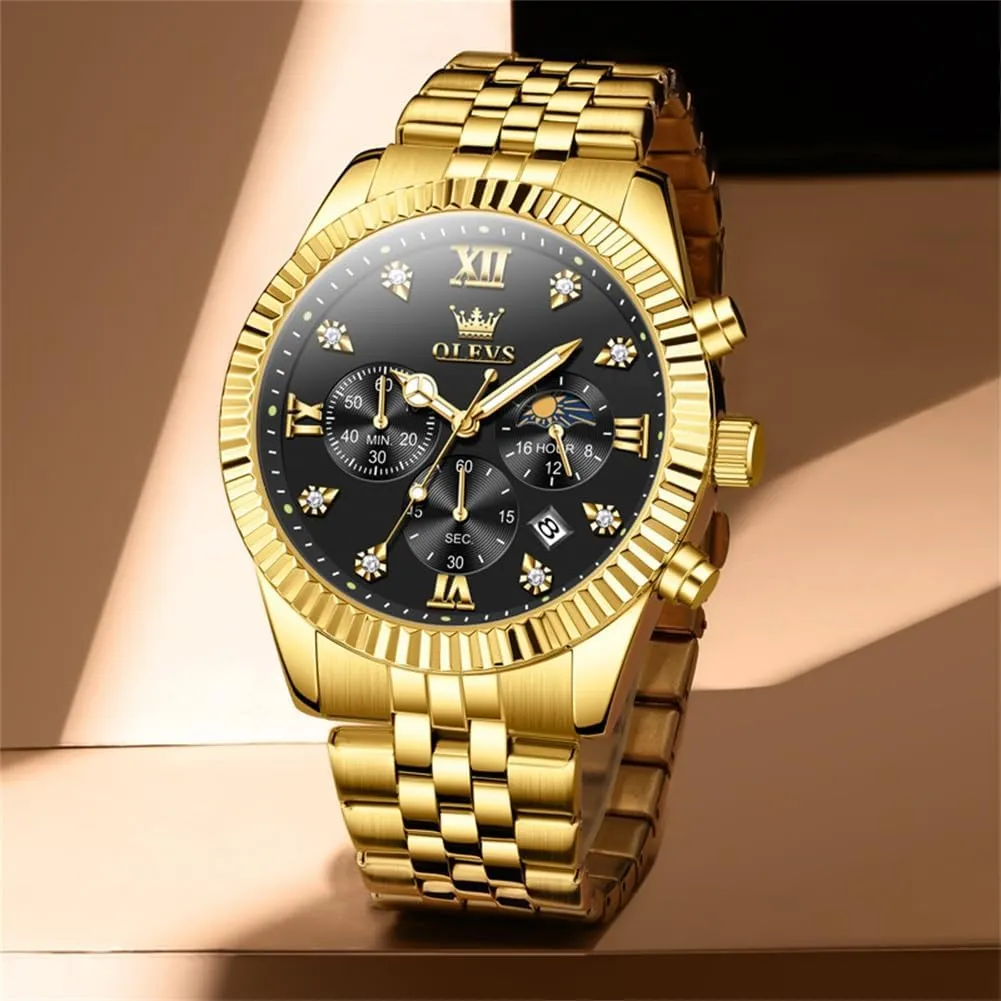 OLEVS Mens Watches Chronograph Luxury Dress Moon Phase Quartz Stainless Steel Waterproof Luminous Business Calendar Wrist Watch