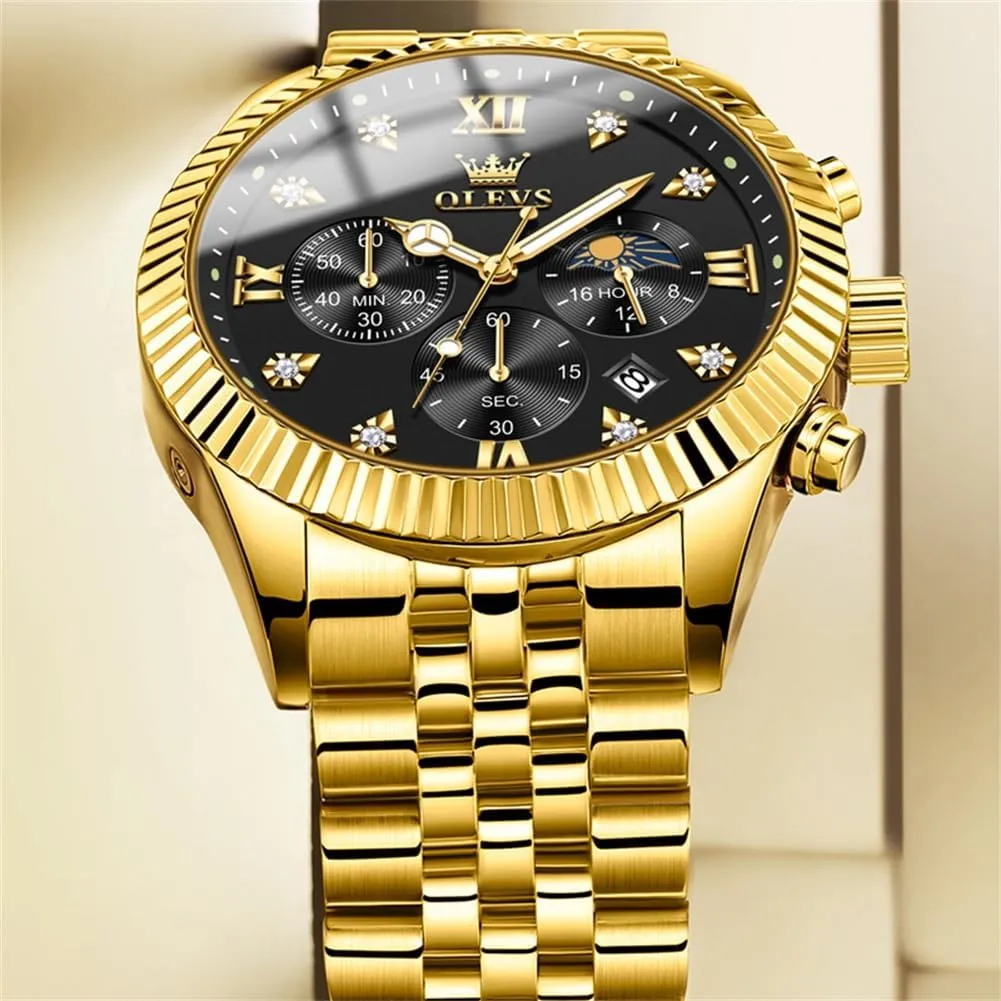 OLEVS Mens Watches Chronograph Luxury Dress Moon Phase Quartz Stainless Steel Waterproof Luminous Business Calendar Wrist Watch
