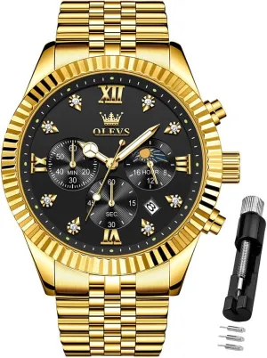 OLEVS Mens Watches Chronograph Luxury Dress Moon Phase Quartz Stainless Steel Waterproof Luminous Business Calendar Wrist Watch