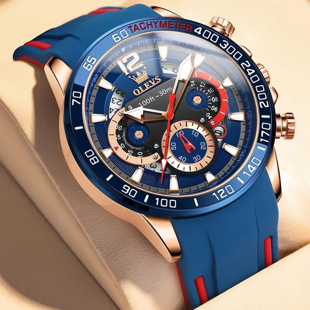 OLEVS Mens Watches Chronograph Waterproof Luminous Silicon Strap Multifunction Watches for Men Quartz Business Calendar Men Wrist Watch