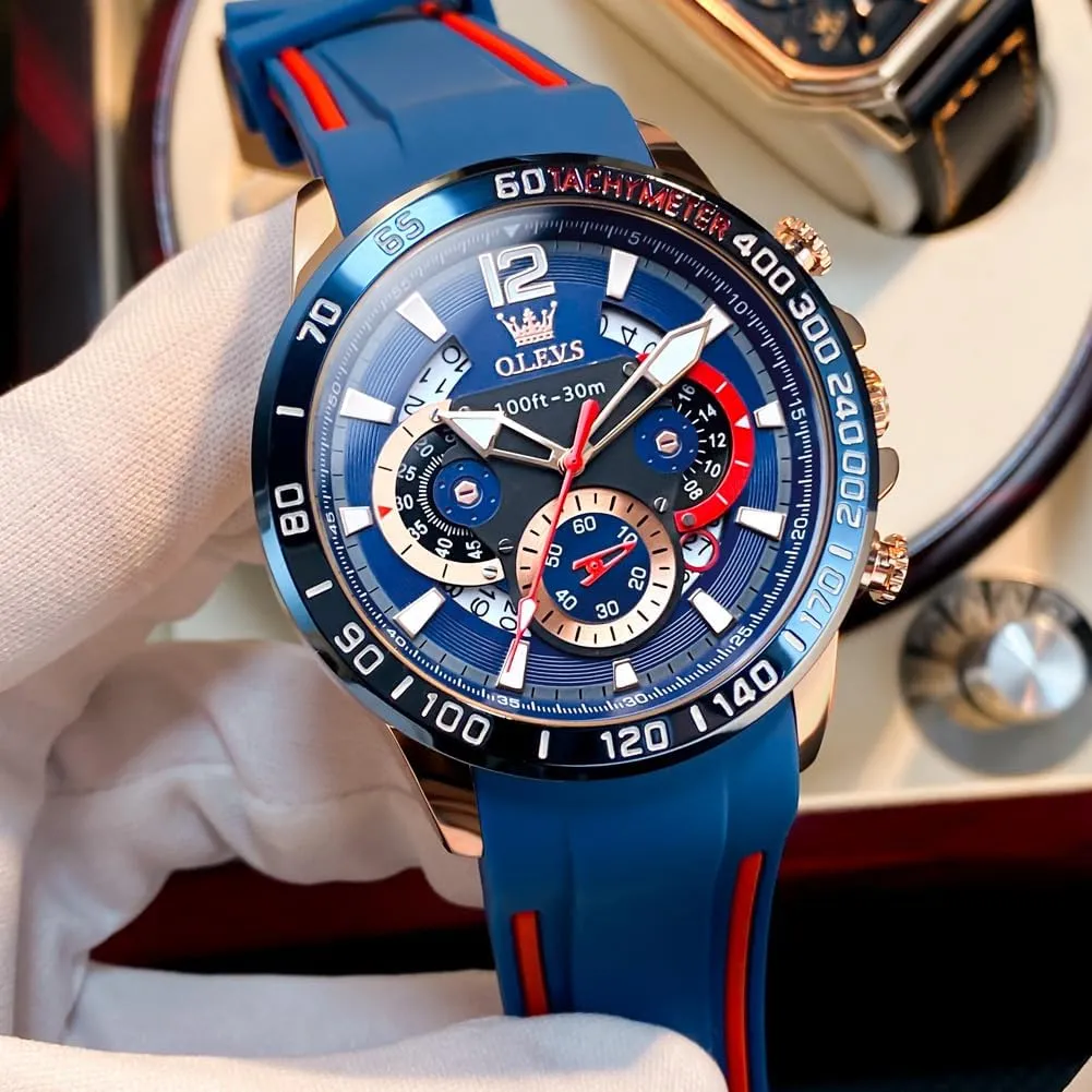 OLEVS Mens Watches Chronograph Waterproof Luminous Silicon Strap Multifunction Watches for Men Quartz Business Calendar Men Wrist Watch