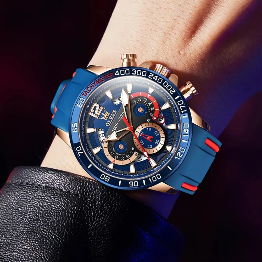 OLEVS Mens Watches Chronograph Waterproof Luminous Silicon Strap Multifunction Watches for Men Quartz Business Calendar Men Wrist Watch