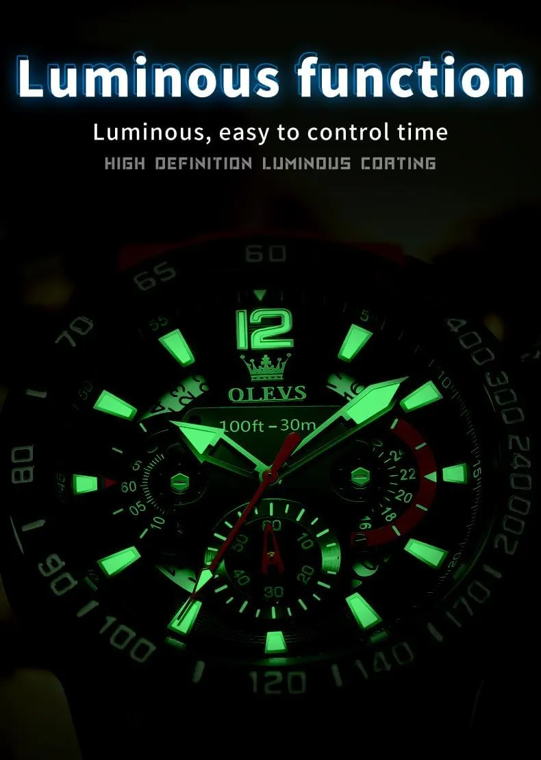 OLEVS Mens Watches Chronograph Waterproof Luminous Silicon Strap Multifunction Watches for Men Quartz Business Calendar Men Wrist Watch