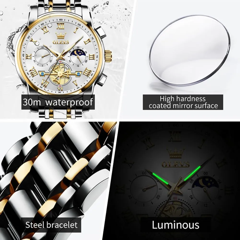 OLEVS Mens Watches Waterproof Stainless Steel Adjustable Bracelet Watch Quartz Analog Watch for Men Fashion Business Classic Mens's Wrist watch's Casual Watches Gold/Blue/Black/White/Face/Dial