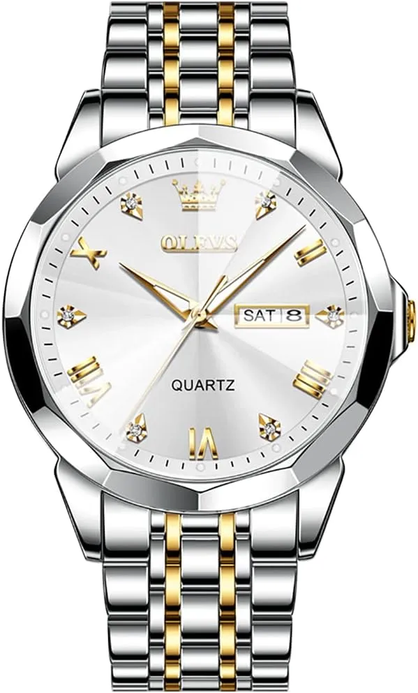 OLEVS Watch for Men Diamond Business Dress Analog Quartz Stainless Steel Waterproof Luminous Date Two Tone Luxury Casual Wrist Watch