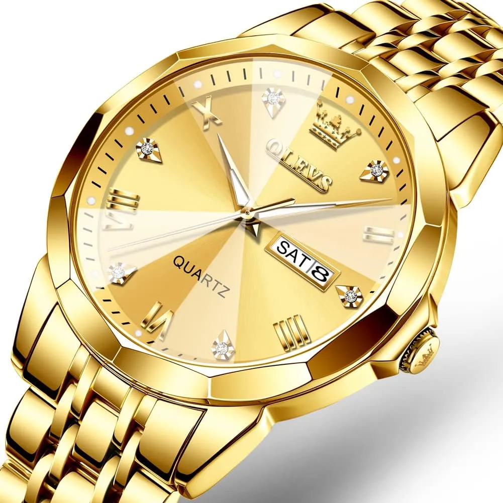OLEVS Watch for Men Diamond Business Dress Analog Quartz Stainless Steel Waterproof Luminous Date Two Tone Luxury Casual Wrist Watch