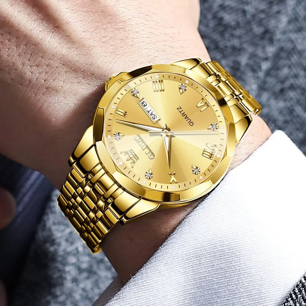 OLEVS Watch for Men Diamond Business Dress Analog Quartz Stainless Steel Waterproof Luminous Date Two Tone Luxury Casual Wrist Watch