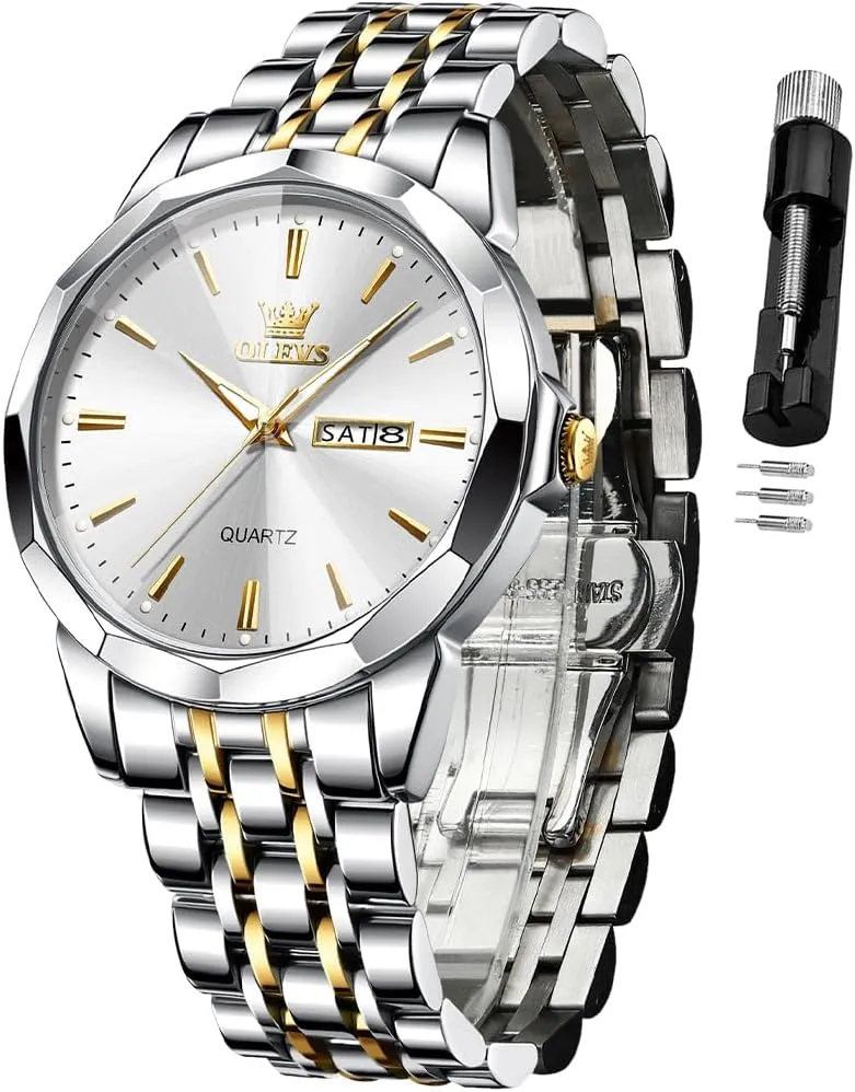 OLEVS Watch for Men Diamond Business Dress Analog Quartz Stainless Steel Waterproof Luminous Date Two Tone Luxury Casual Wrist Watch