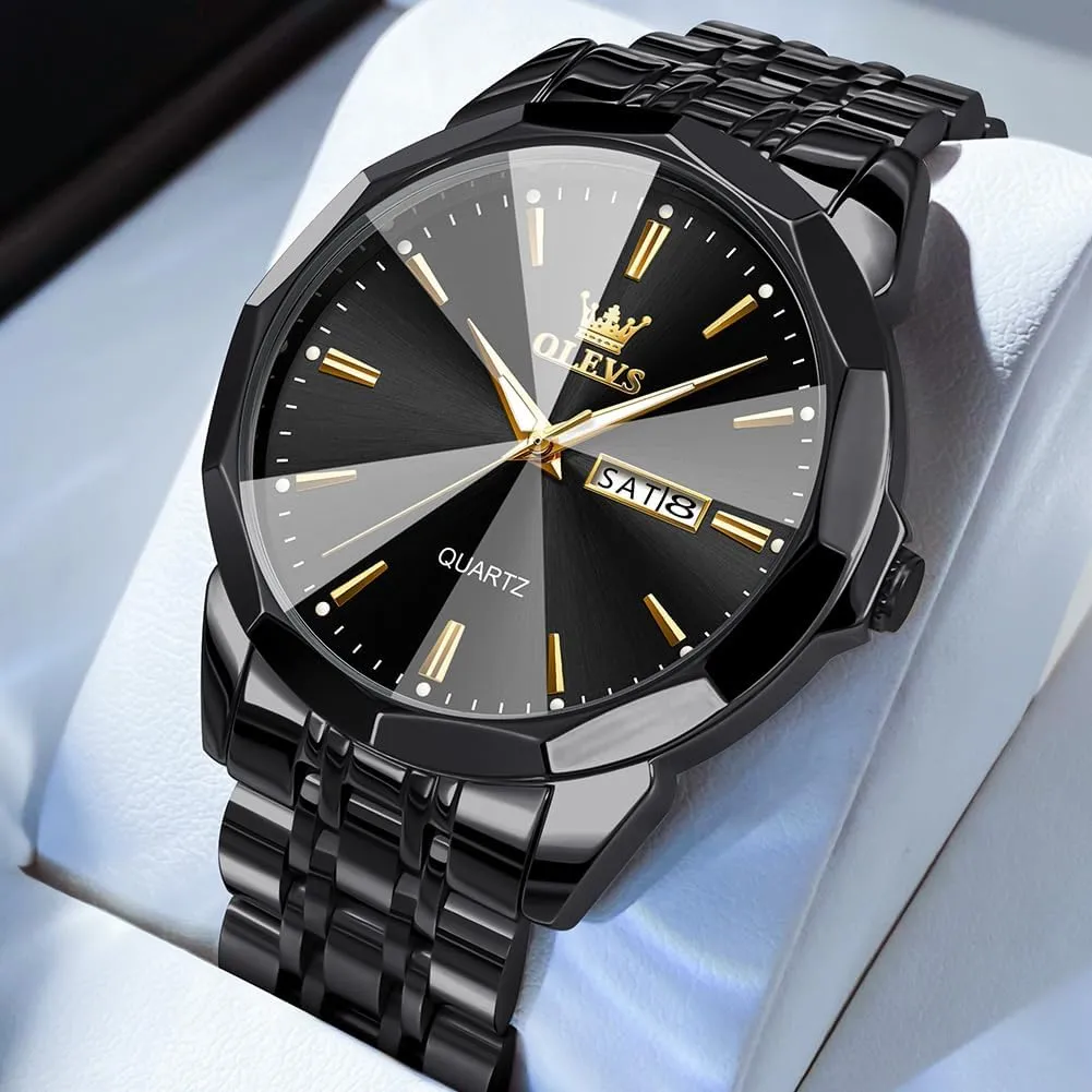 OLEVS Watch for Men Diamond Business Dress Analog Quartz Stainless Steel Waterproof Luminous Date Two Tone Luxury Casual Wrist Watch