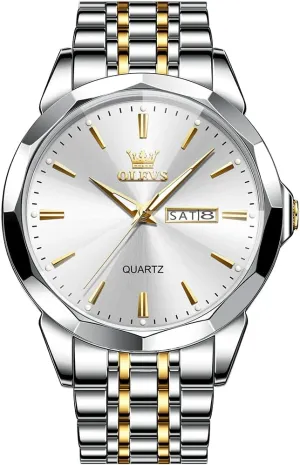 OLEVS Watch for Men Diamond Business Dress Analog Quartz Stainless Steel Waterproof Luminous Date Two Tone Luxury Casual Wrist Watch