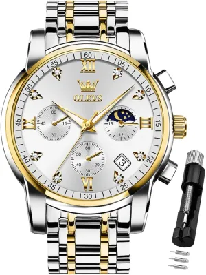 OLEVS Watch for Men Diamond Business Dress Analog Quartz Stainless Steel Waterproof Luminous Date Two Tone Luxury Casual Wrist Watch