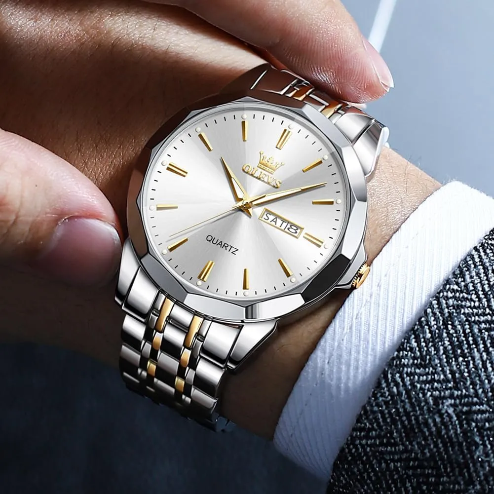 OLEVS Watch for Men Diamond Business Dress Analog Quartz Stainless Steel Waterproof Luminous Date Two Tone Luxury Casual Wrist Watch