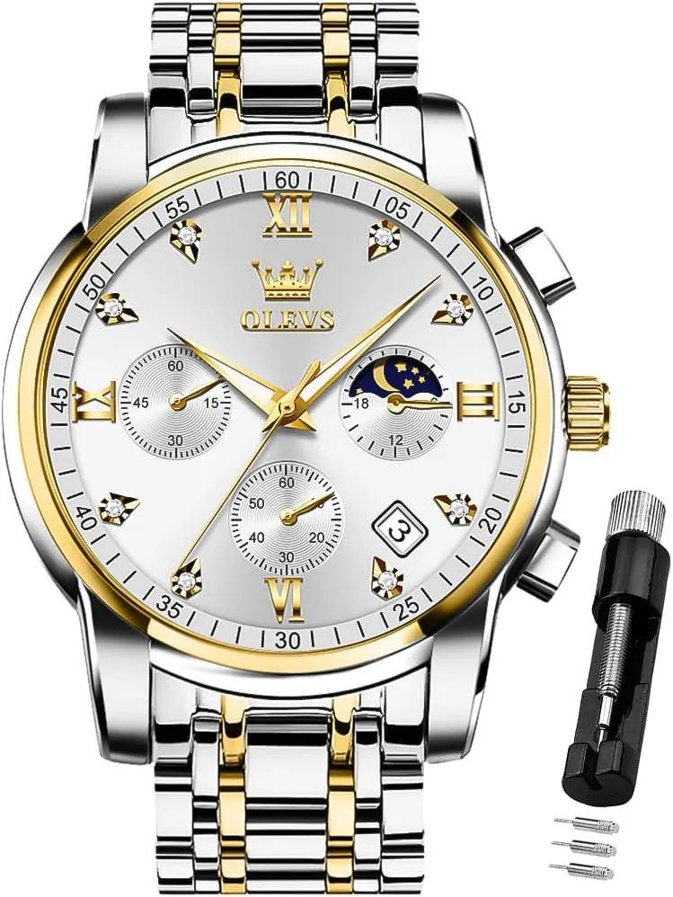 OLEVS Watch for Men Diamond Business Dress Analog Quartz Stainless Steel Waterproof Luminous Date Two Tone Luxury Casual Wrist Watch
