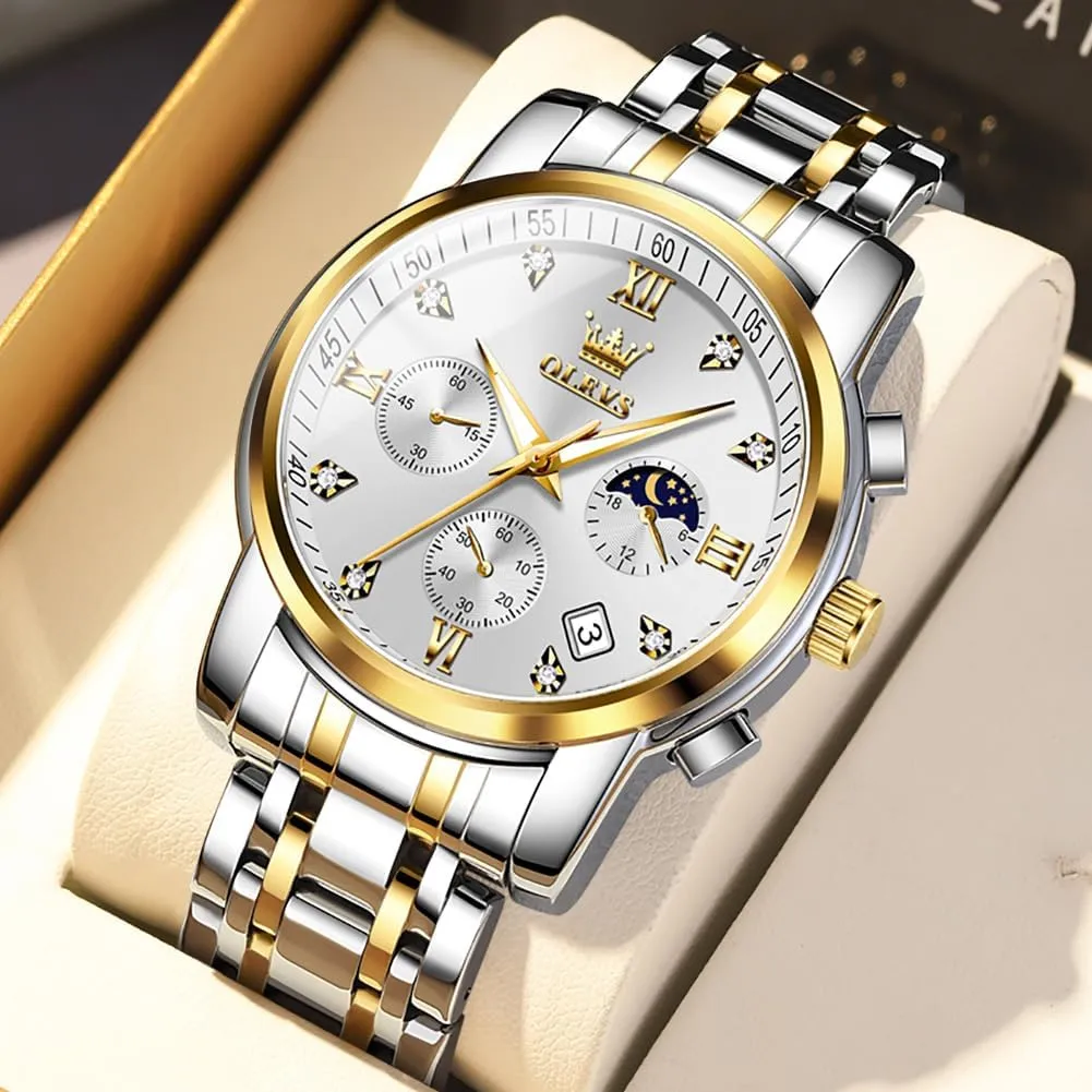 OLEVS Watch for Men Diamond Business Dress Analog Quartz Stainless Steel Waterproof Luminous Date Two Tone Luxury Casual Wrist Watch