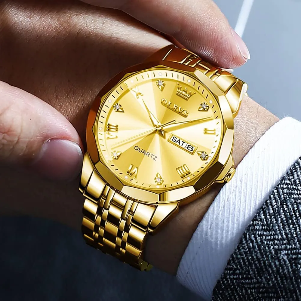 OLEVS Watch for Men Diamond Business Dress Analog Quartz Stainless Steel Waterproof Luminous Date Two Tone Luxury Casual Wrist Watch