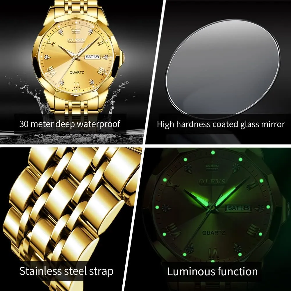 OLEVS Watch for Men Diamond Business Dress Analog Quartz Stainless Steel Waterproof Luminous Date Two Tone Luxury Casual Wrist Watch