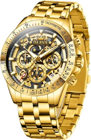 OLEVS Watch for Men Skeleton Business Dress Stainless Steel Waterproof Luminous Mens Wrist Watch