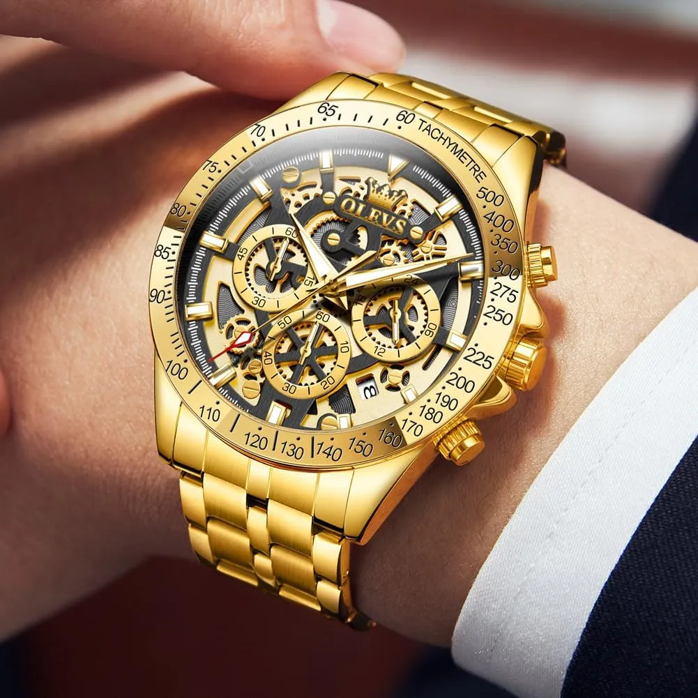 OLEVS Watch for Men Skeleton Business Dress Stainless Steel Waterproof Luminous Mens Wrist Watch