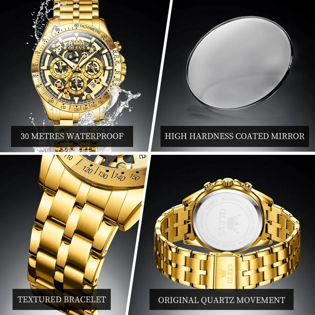 OLEVS Watch for Men Skeleton Business Dress Stainless Steel Waterproof Luminous Mens Wrist Watch