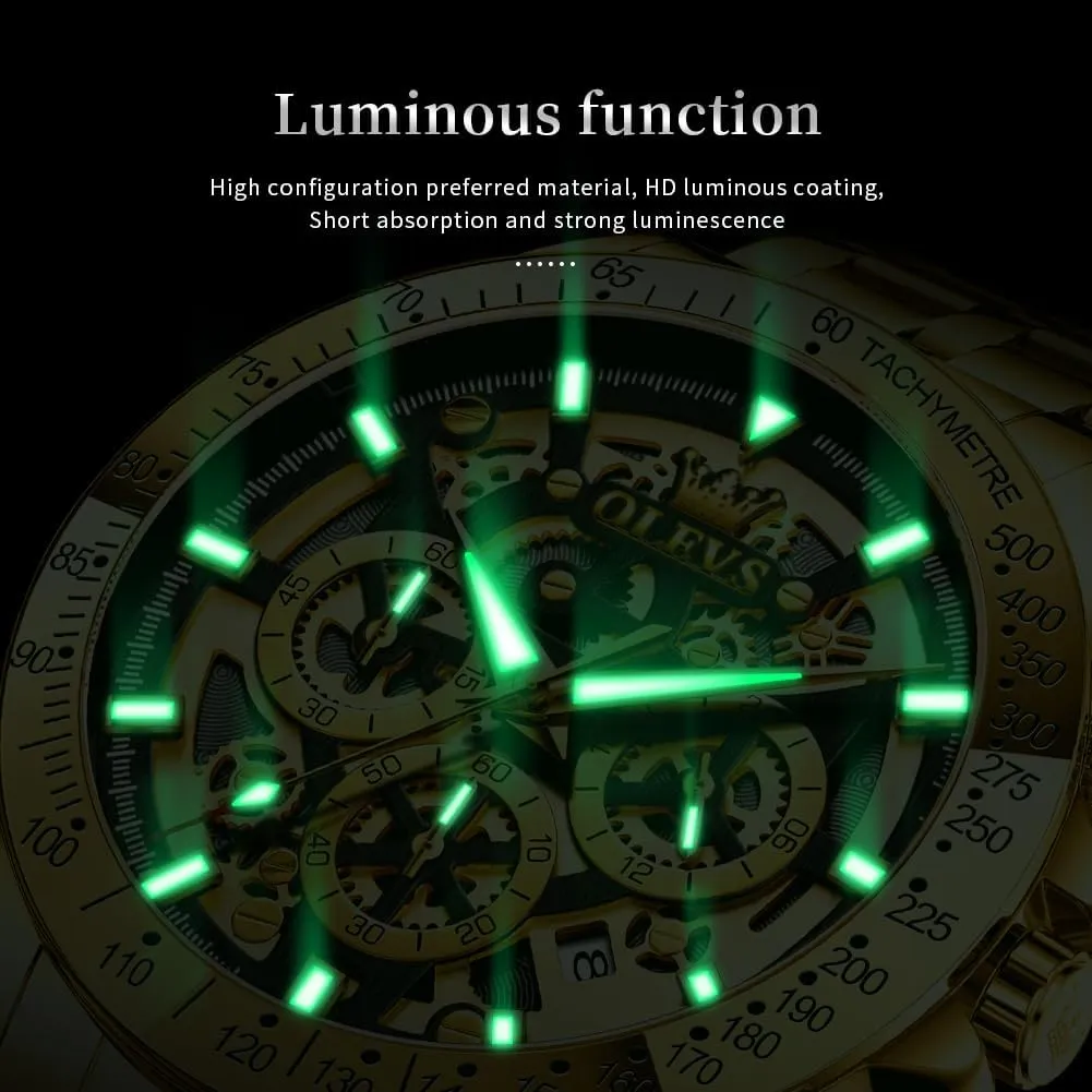 OLEVS Watch for Men Skeleton Business Dress Stainless Steel Waterproof Luminous Mens Wrist Watch