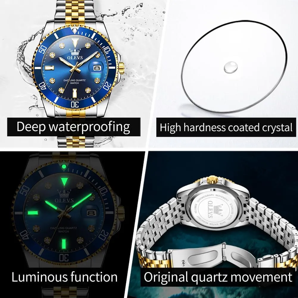 OLEVS Watch for Men Stainless Steel Business Dress Diamond Large Dial Waterproof Mens Watches with Date Wrist Watch