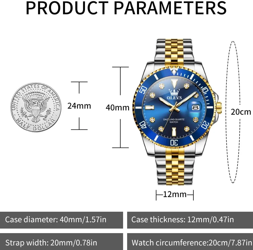 OLEVS Watch for Men Stainless Steel Business Dress Diamond Large Dial Waterproof Mens Watches with Date Wrist Watch