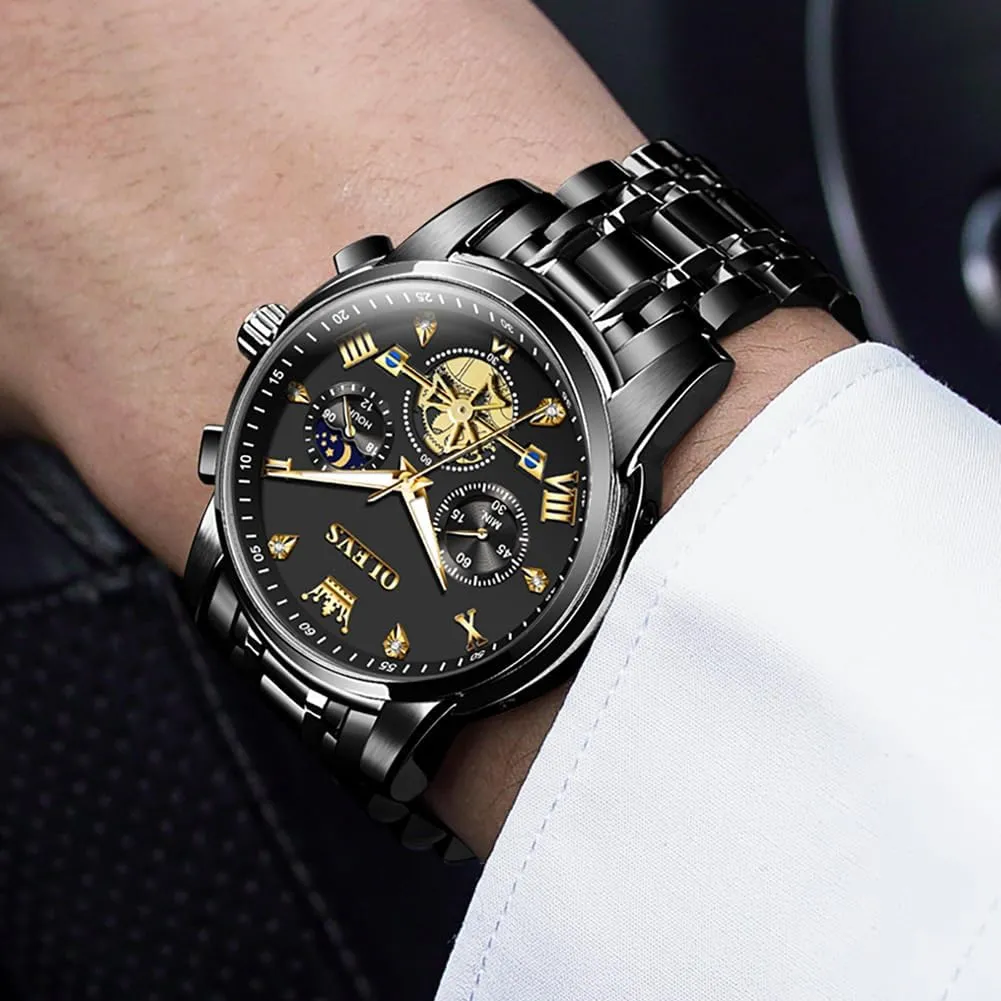OLEVS Watch for Men Stainless Steel Chronograph Big Face Easy to Read Analog Quartz Watches Luxury Waterproof Date Diamond Roman Arabic Numerals Dial Dress Wrist Watches