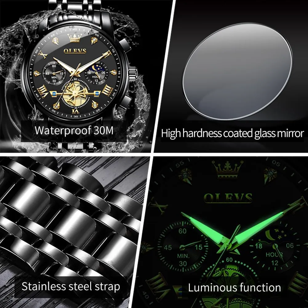 OLEVS Watch for Men Stainless Steel Chronograph Big Face Easy to Read Analog Quartz Watches Luxury Waterproof Date Diamond Roman Arabic Numerals Dial Dress Wrist Watches